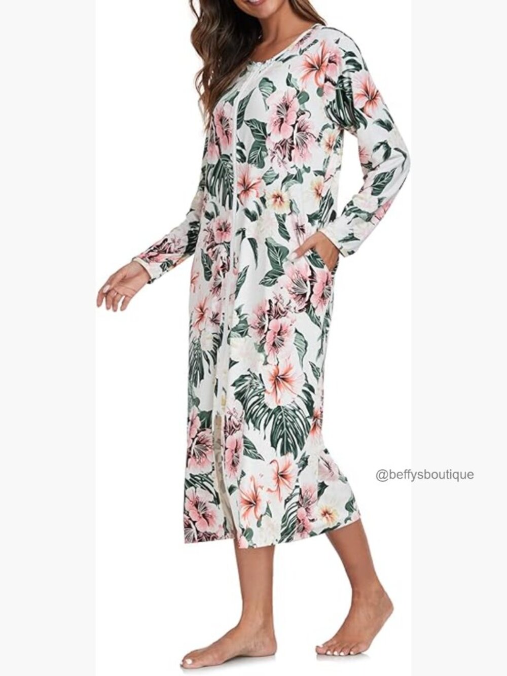 Zip Front Nightgown Full Length Cotton Soft Housecoat with Pockets Loungewear